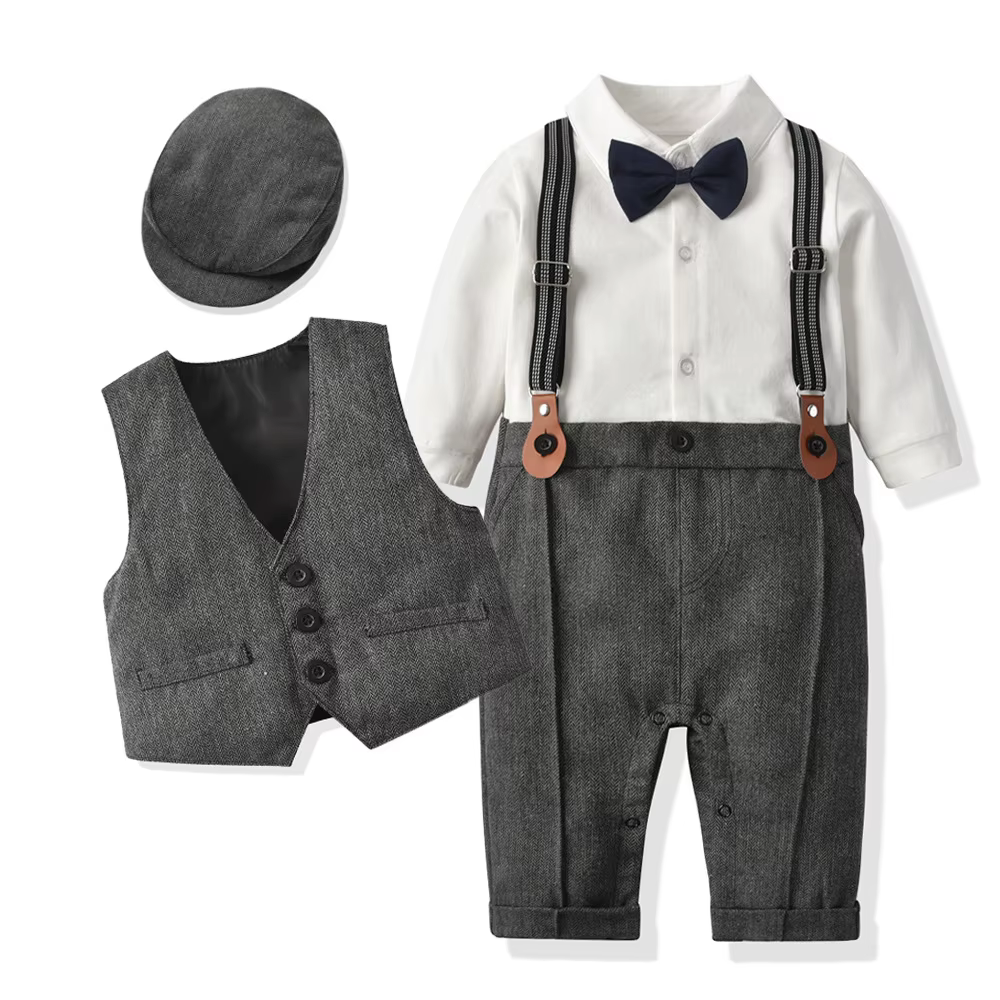 Bébé garçons Gentleman tenues costumes vêtements printemps et automne enfants une pièce barboteuses veste chapeau