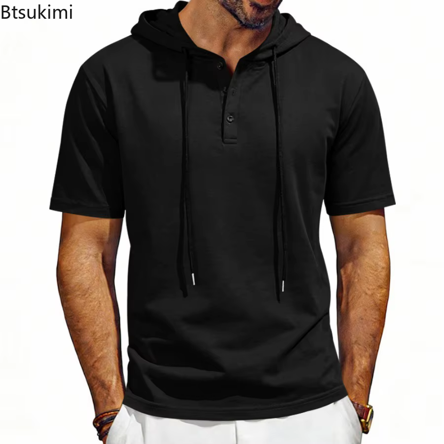 T-shirt à capuche confortable à manches courtes pour homme 2026 – Col Henley