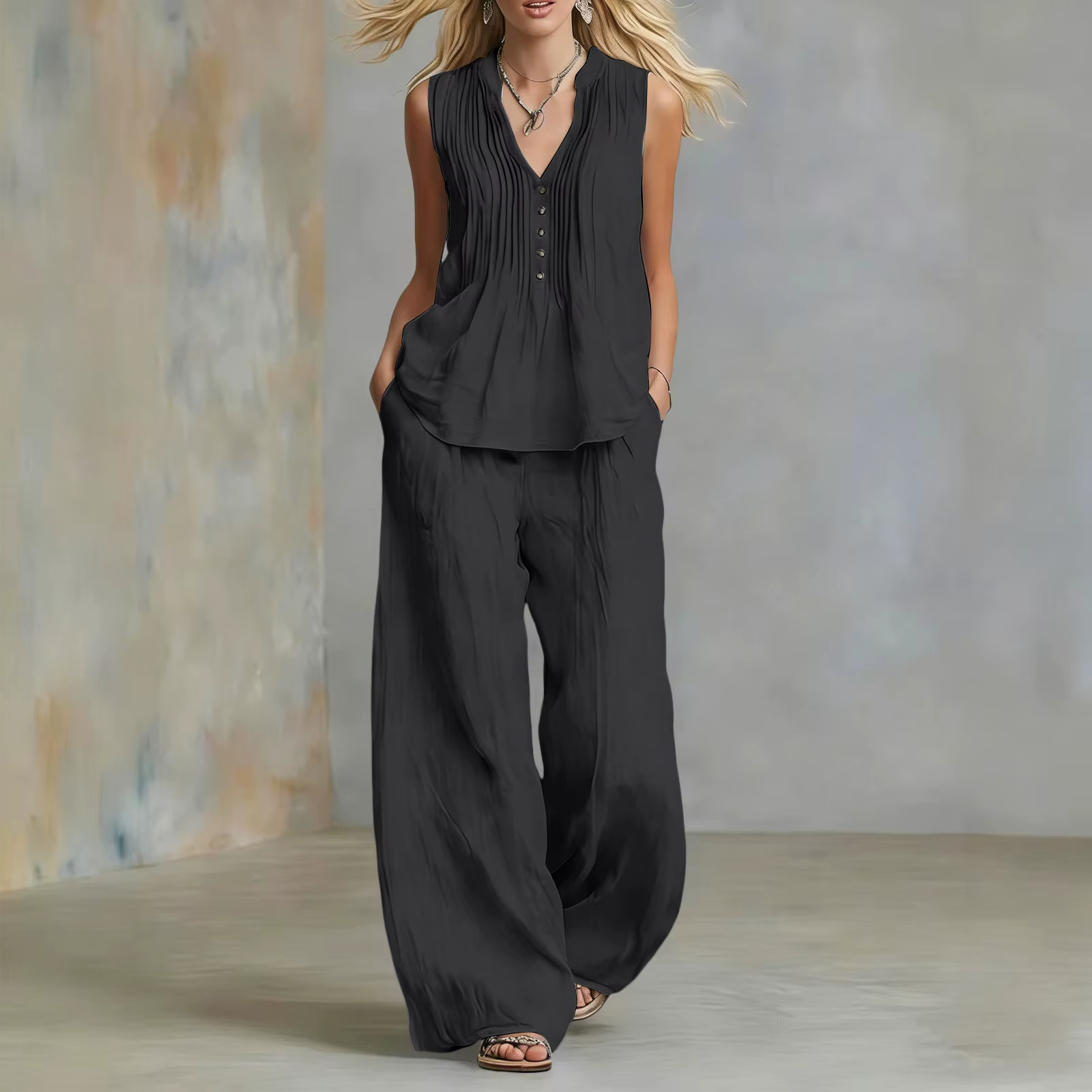 Ensemble deux pièces décontracté pour femme : Gilet sans manches et pantalon long à jambes larges