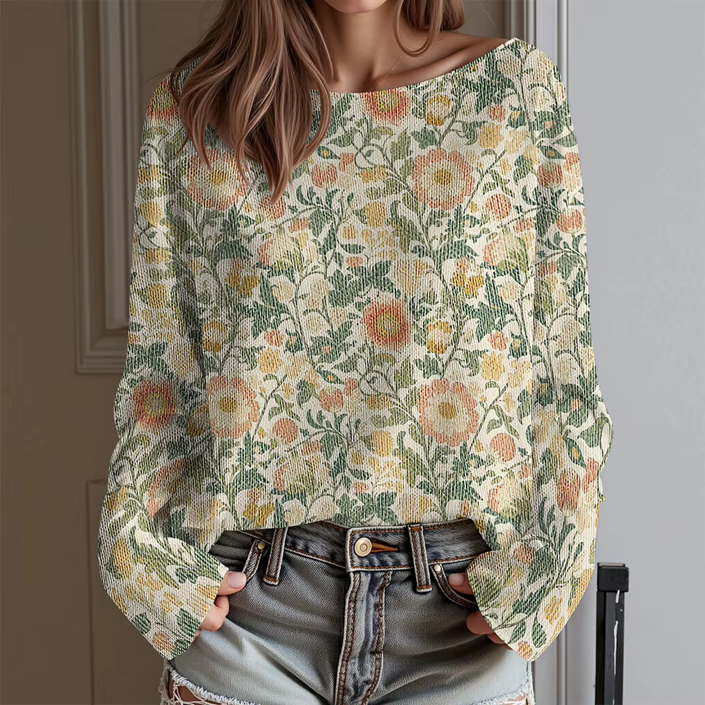 Cadeau de Saint-Valentin T-shirt floral à une épaule pour femme Coupe ample Haut à manches longues Chemisier Sweet Heart Hauts Harajuku Cottagecore