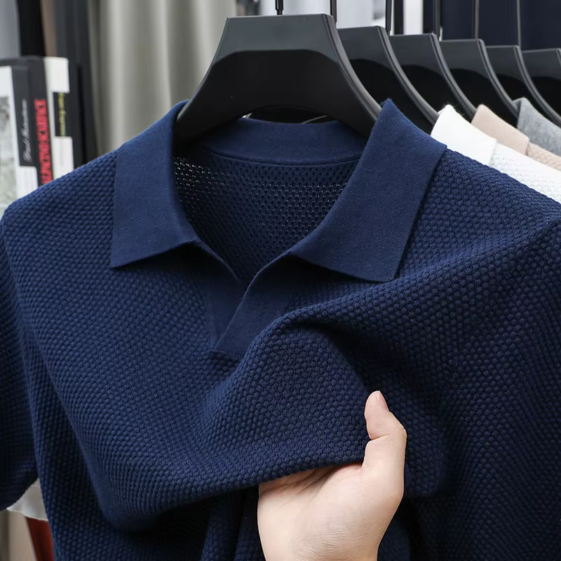 Polo en coton tricoté 100 % pour homme – Col en V à manches courtes