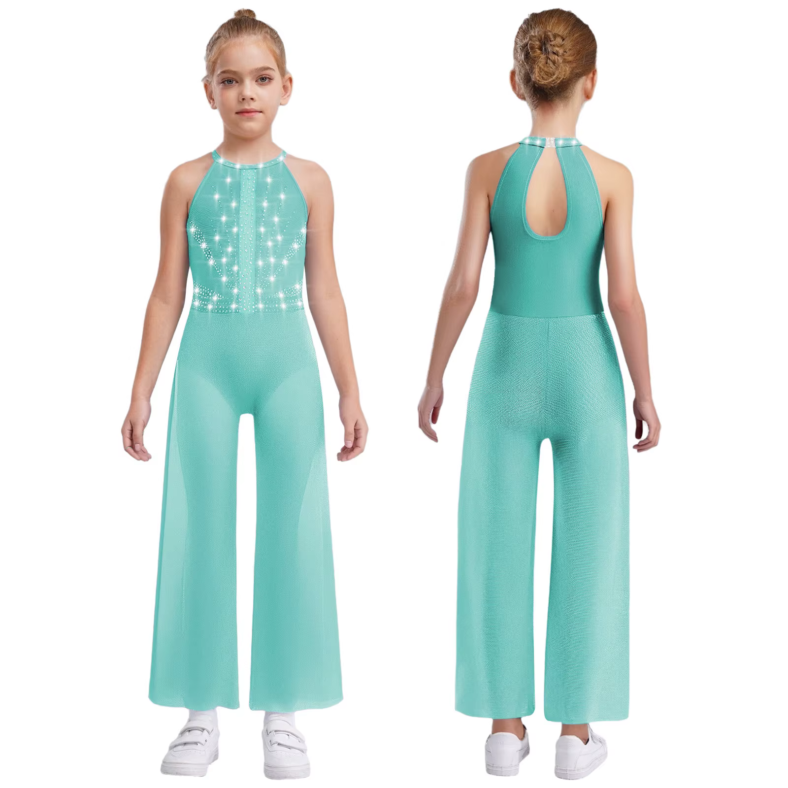 Combinaison de danse lyrique sans manches pour filles, Costume de Performance moderne, corsage à paillettes, maille scintillante, combinaison à jambes larges fendues