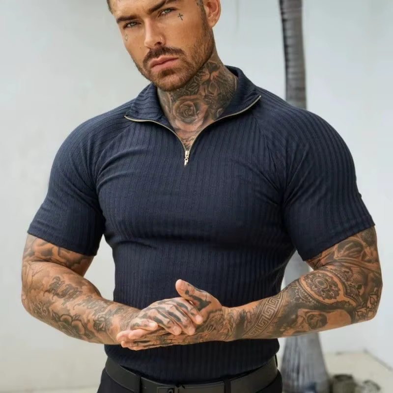 Polo élastique ajusté pour homme – T-shirt d'été tendance à col montant zippé