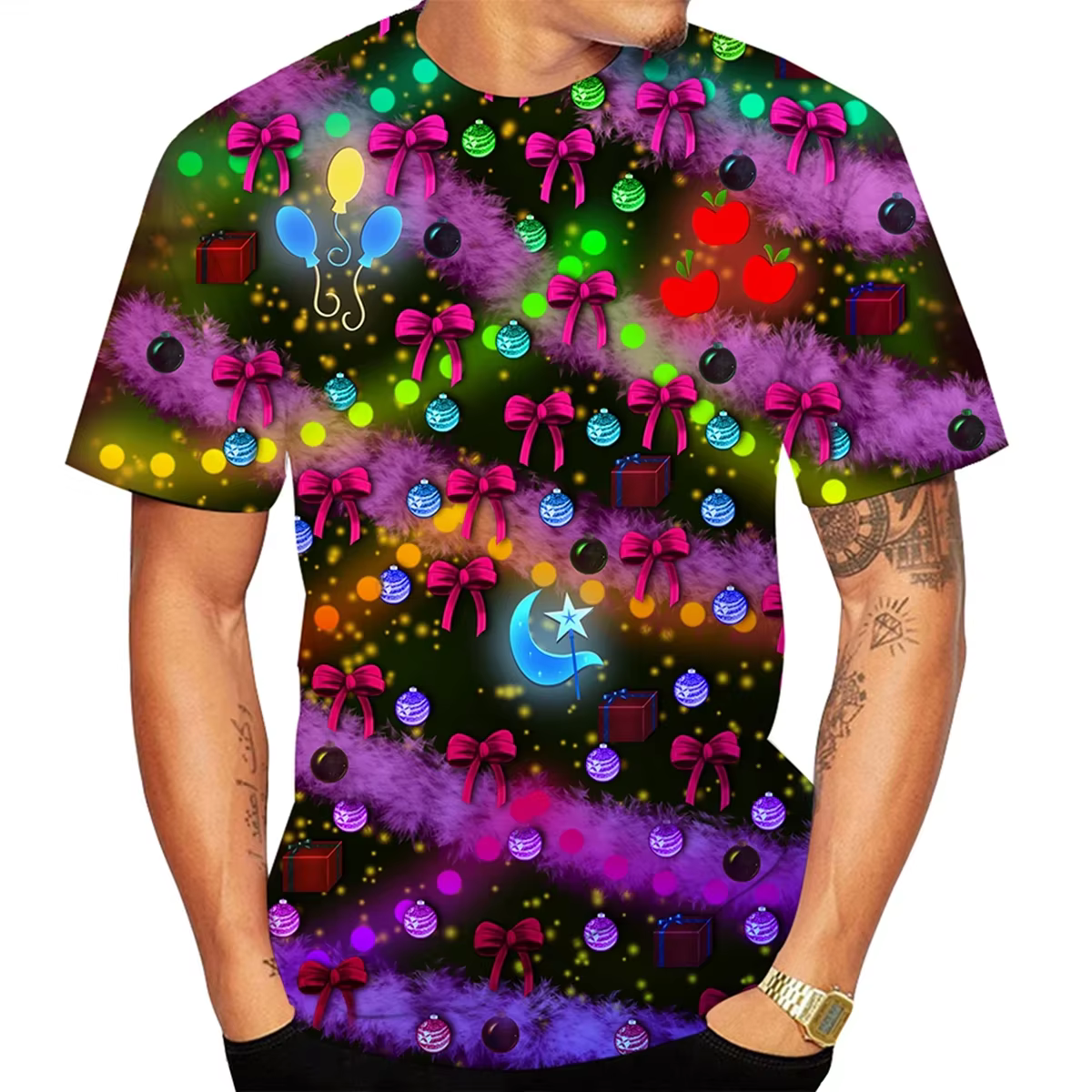 T-shirt de Noël : imprimé arbre lumineux 3D avec effets spéciaux | L'article de mode d'ouverture pour les célébrations