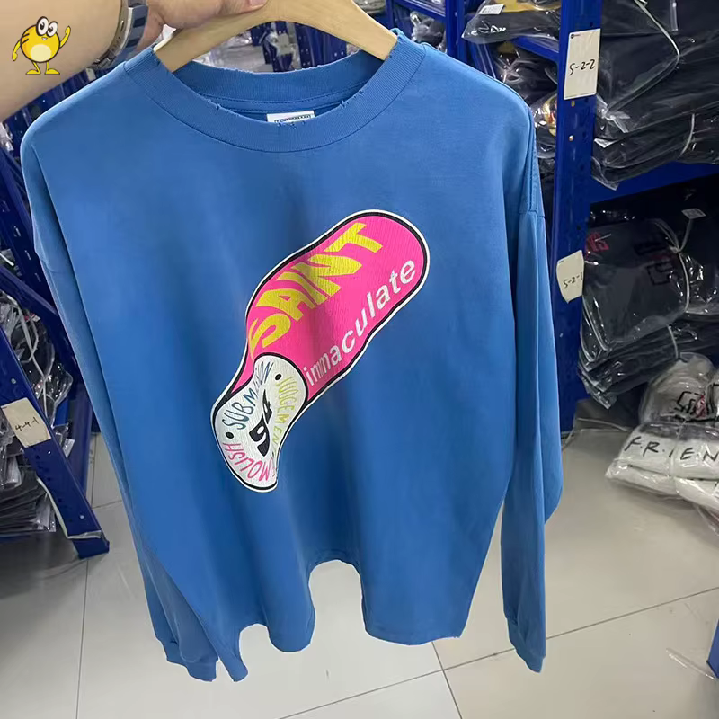 Pill Logo imprimé SAINT T-shirt à manches longues hommes femme bleu endommagé col rond décontracté Vintage ample coton printemps automne Streetwear