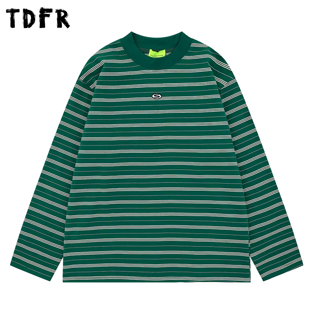 Rayé à manches longues T-shirt hommes broderie automne rétro décontracté col rond en coton