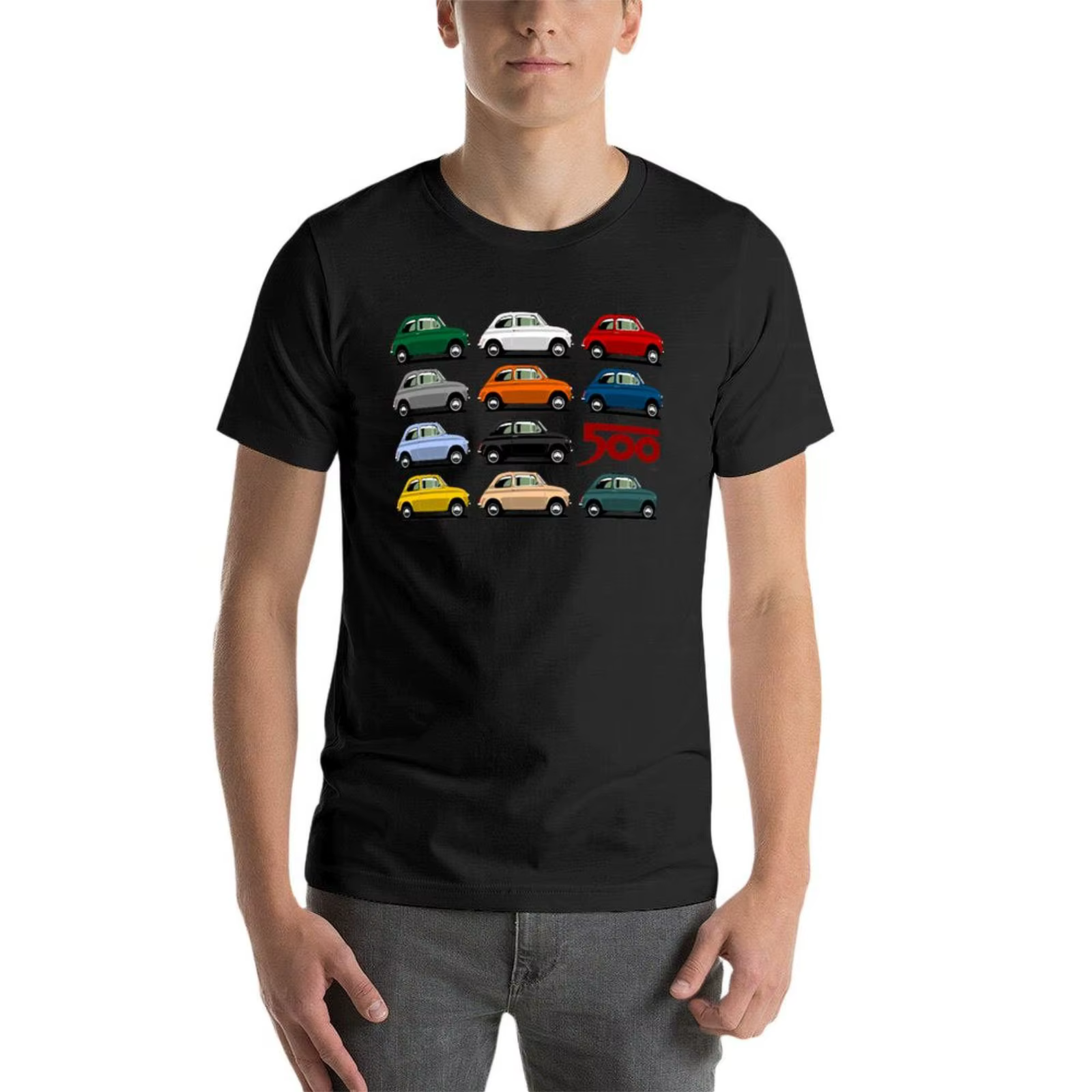 T-shirt Fiat 500 avec vue latérale pour homme, chemisier noir