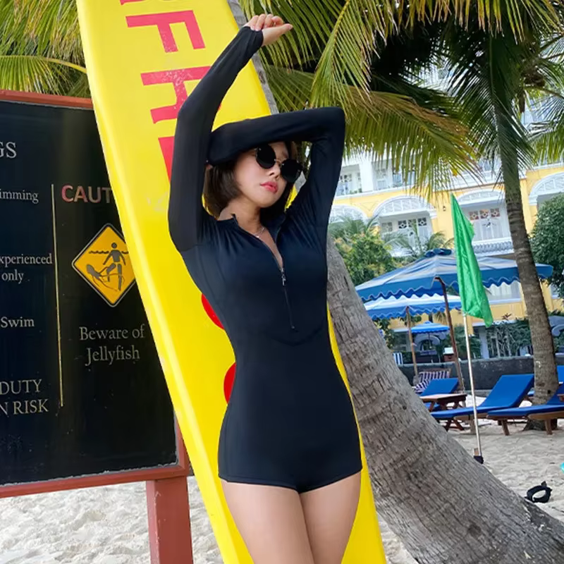 Combinaison de plongée à manches longues pour femme 2026, fermeture éclair, une pièce, maillot de bain uni, noir, combinaison de surf, col montant