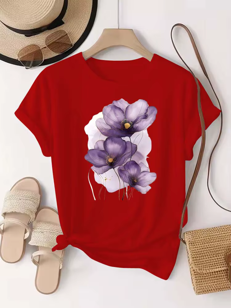 T-shirt femme violet aquarelle fleurs imprimé T petit haut filles Y2k vêtements été à manches courtes t-shirts