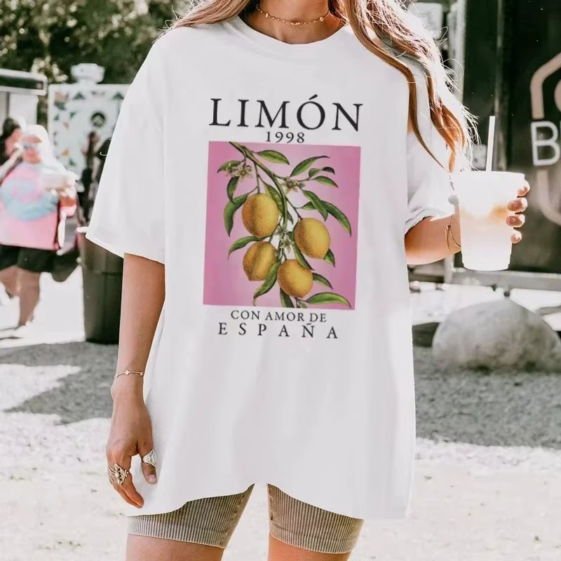 Citron Fruit imprimé T-Shirts coton femmes graphique hauts Vintage esthétique botanique Streetwear chemise Cottagecore vêtements surdimensionné