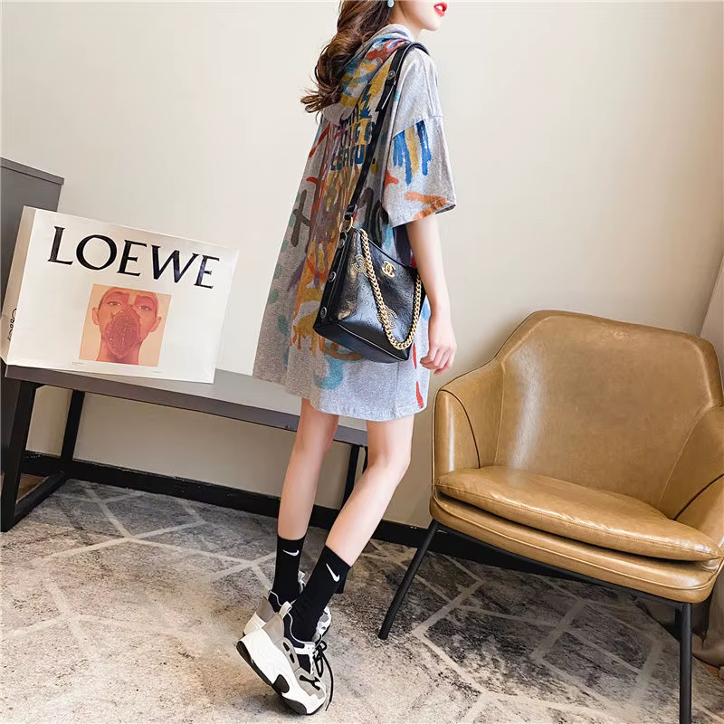 Coréen imprimé ample à capuche T-shirt femme décontracté Streetwear Midi demi manches pulls hauts été mode vêtements pour femmes