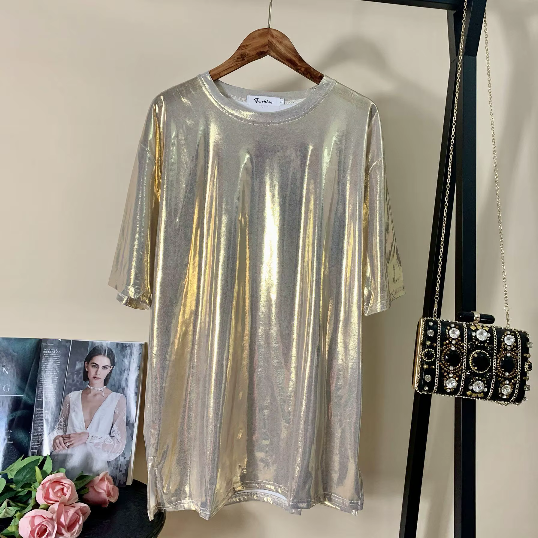 Femmes paillettes Sexy solide or confort été dame haut