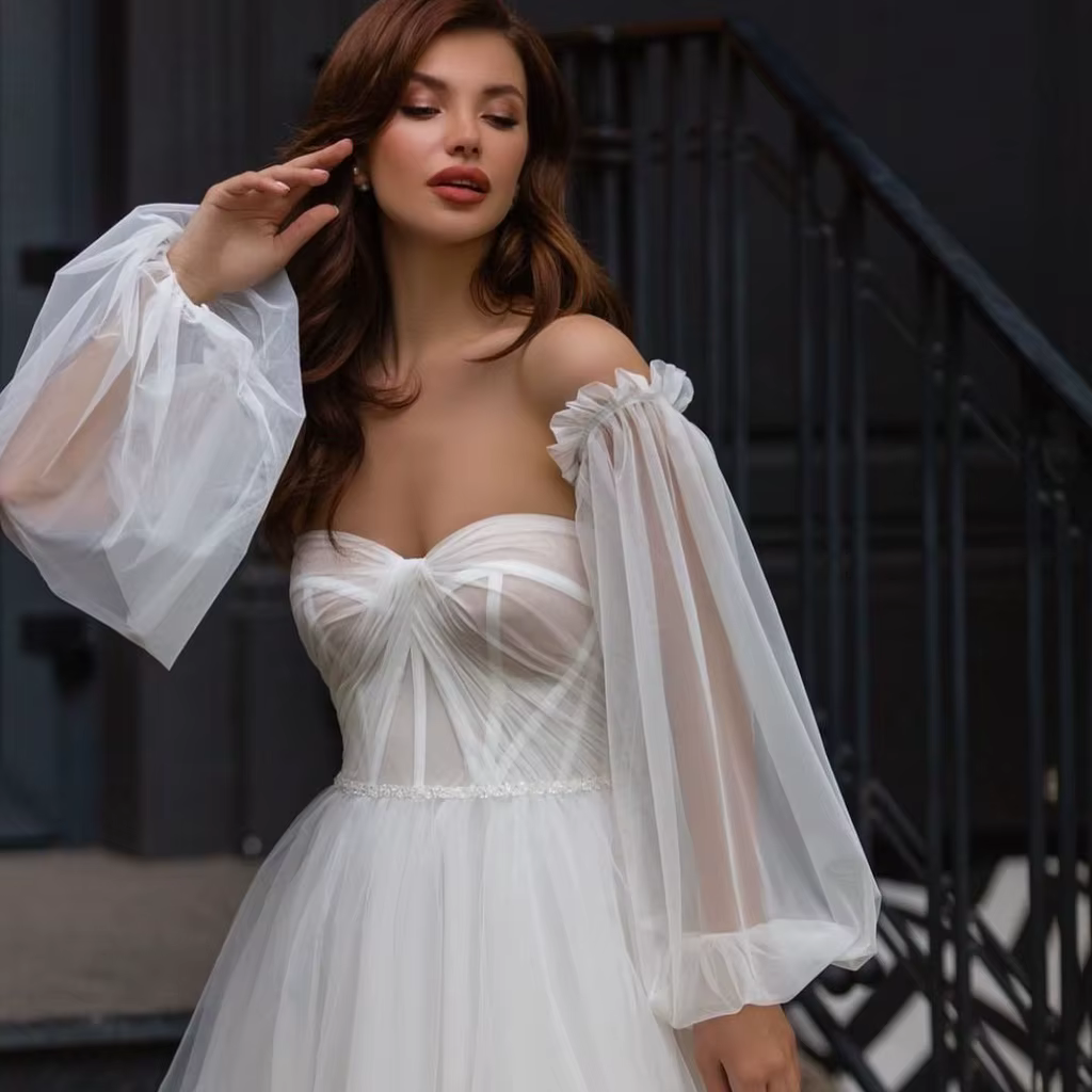 Robe de mariée en tulle pour femme, manches parfaites, costume de fête