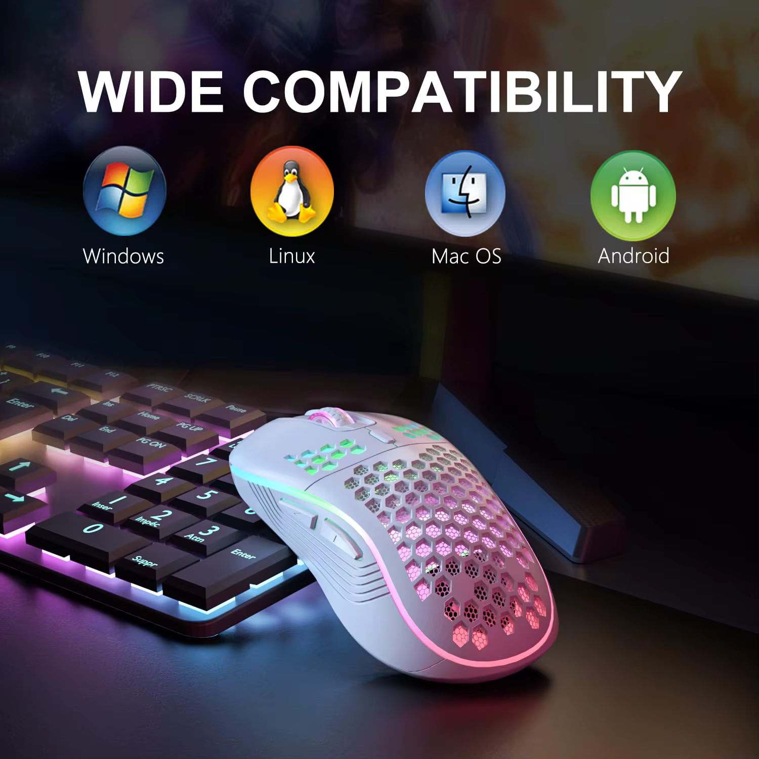 Souris sans fil 2.4G avec rétroéclairage rvb, 6 boutons, 3 vitesses, DPI, Type C, Rechargeable, ergonomique, conception en nid d'abeille, pour jeu