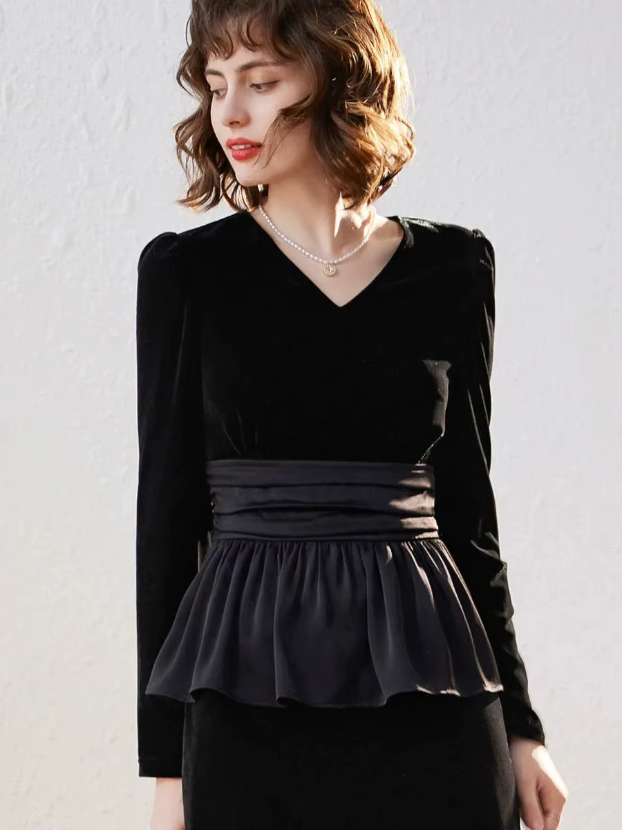 Modiis Yao-Haut en velours vintage pour femme, col en V, chemise à manches longues, conception d'ourlet épissé, automne, 2023