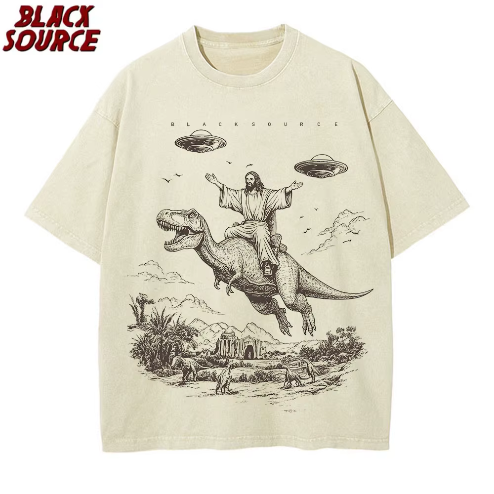 T075 dessin animé dinosaure imprimé mode T-Shirt femmes unisexe lavage en détresse Vintage