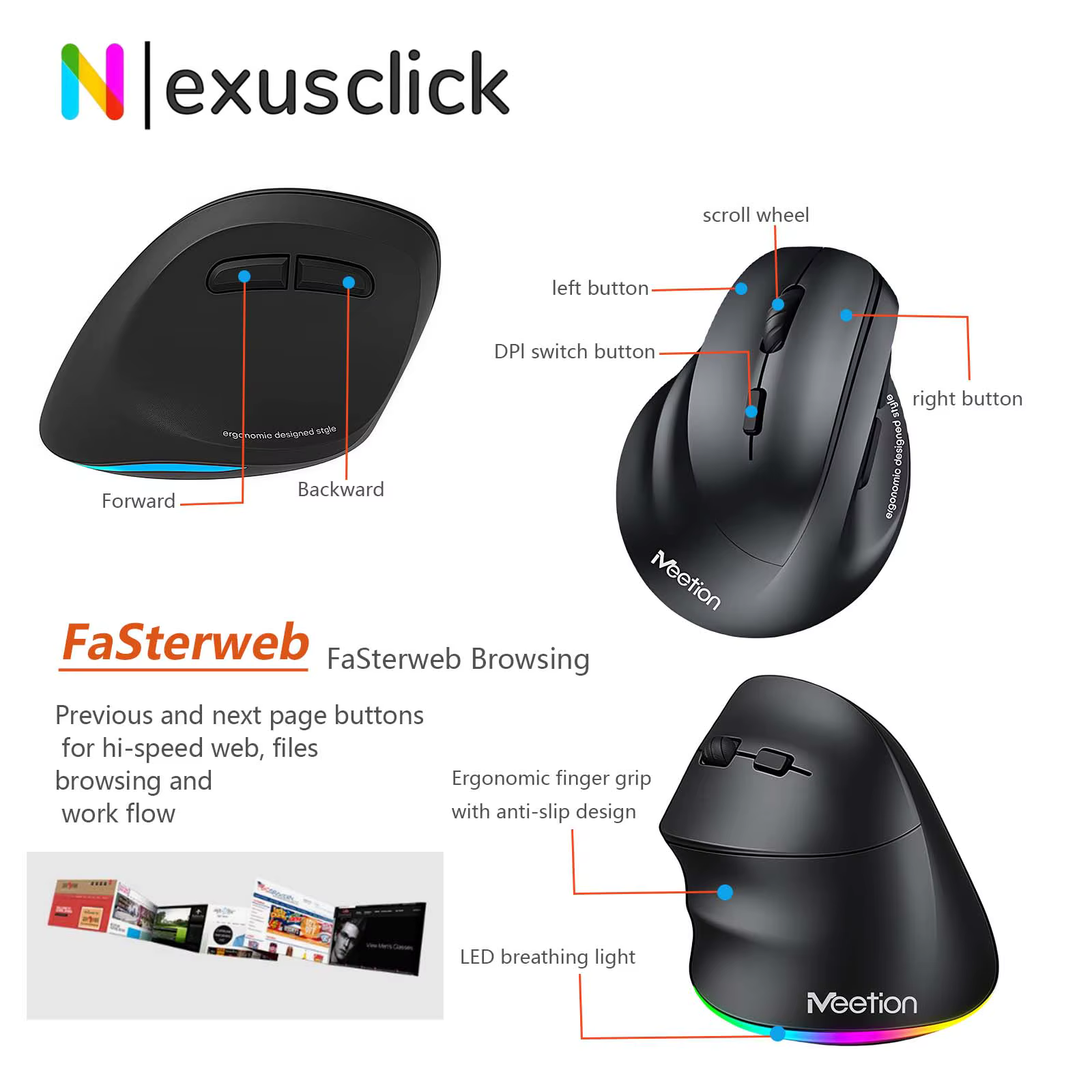 Souris sans fil ergonomique verticale pour gaucher Meetion BTM010, rechargeable, rétroéclairée RGB, souris de jeu anti-fatigue, pour le bureau