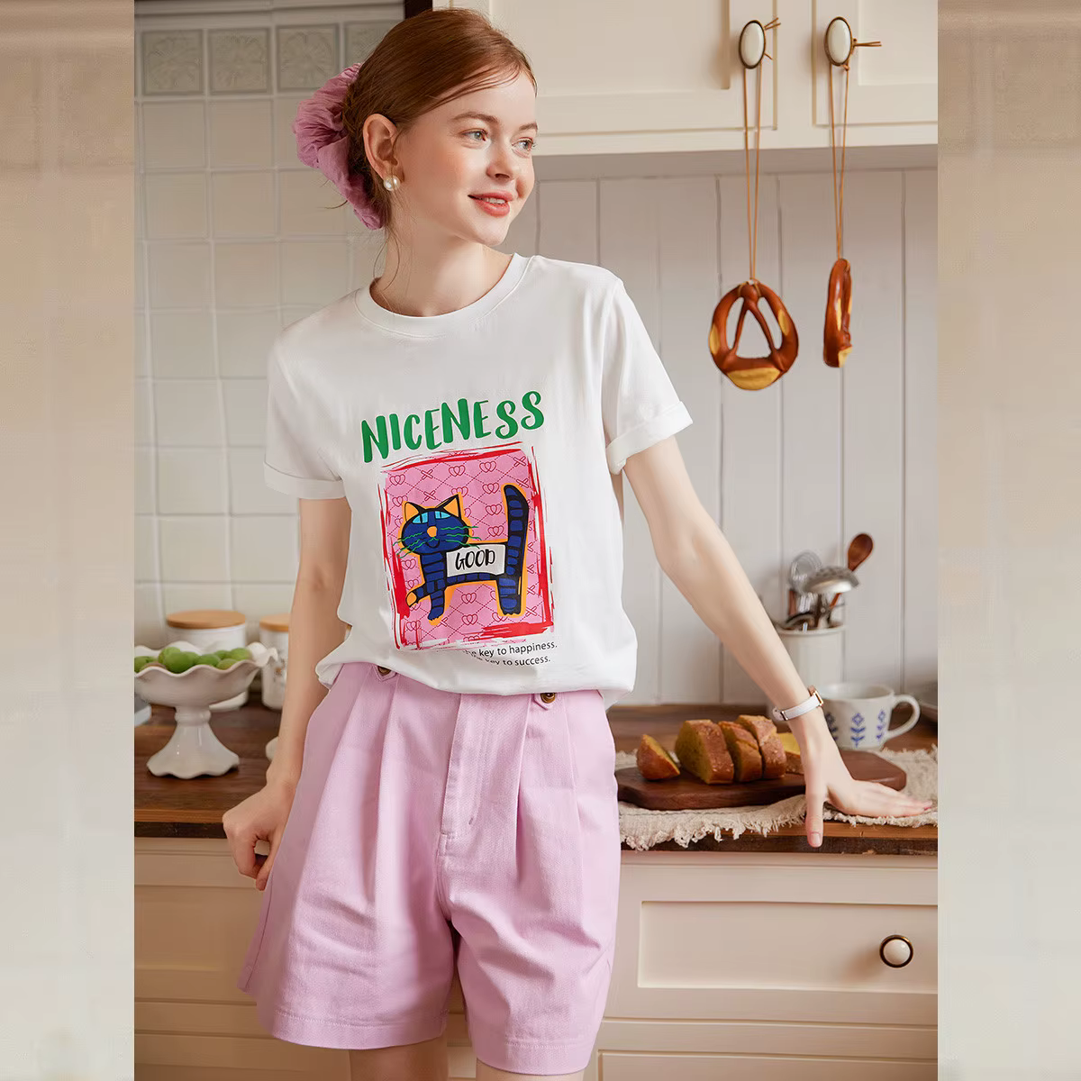 LOUIS YAO T-shirt imprimé 2025 été décontracté coton motif chat manches courtes col rond ample femmes