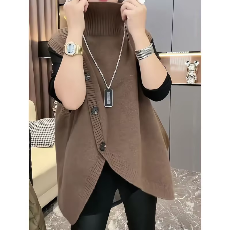 Femmes sans manches longs pull gilets Vintage irrégulière épissé bouton tricots vêtements d'extérieur pulls élégant col