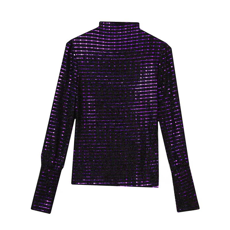 T-shirt extensible à paillettes pour femmes, col mi-haut, manches longues, bas, vêtements pour femmes, mode automne et hiver, nouveau
