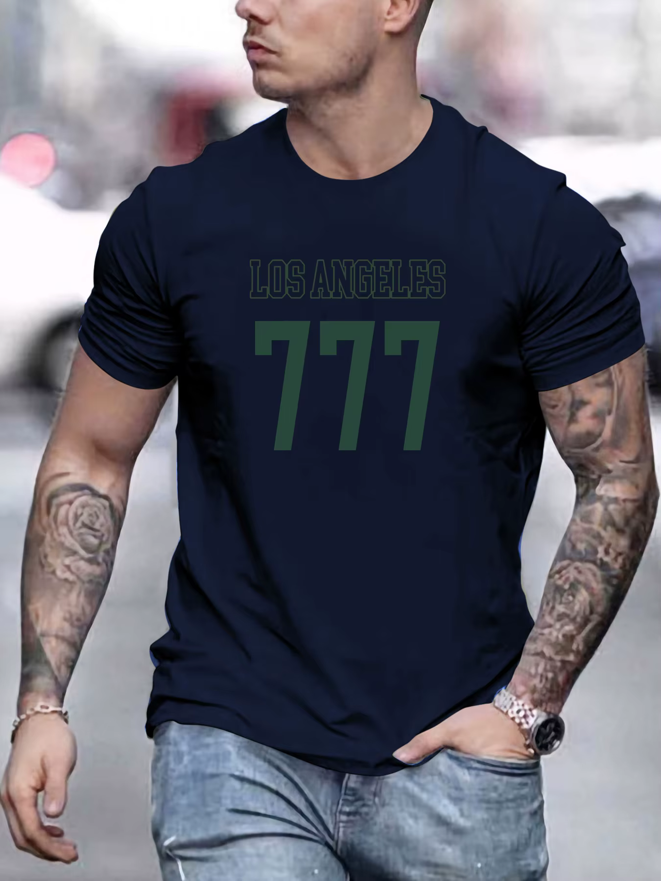 Homme T-shirt à manches courtes LOS ANGELES 777 imprimé été col rond respirant surdimensionné