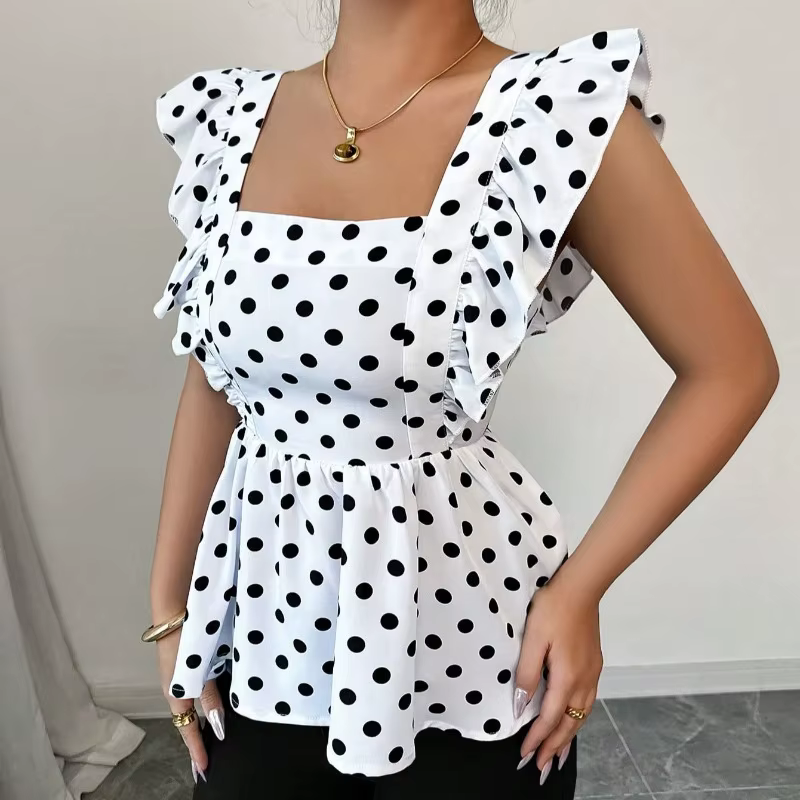 T-shirt à col carré, motif pois