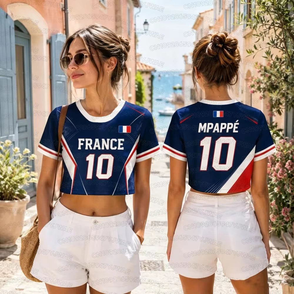 Nouveau Maillot Court à Manches Courtes Imprimé France NO.10 Mbappé pour Femme Été 2026 – T-shirt Crop Top