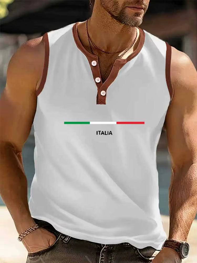 Débardeur Henley Homme à Bordures Contrastantes Imprimé Été Respirant Sans Manches Gilet Musculaire Décontracté Plage Gym Fitness Sous-vêtement