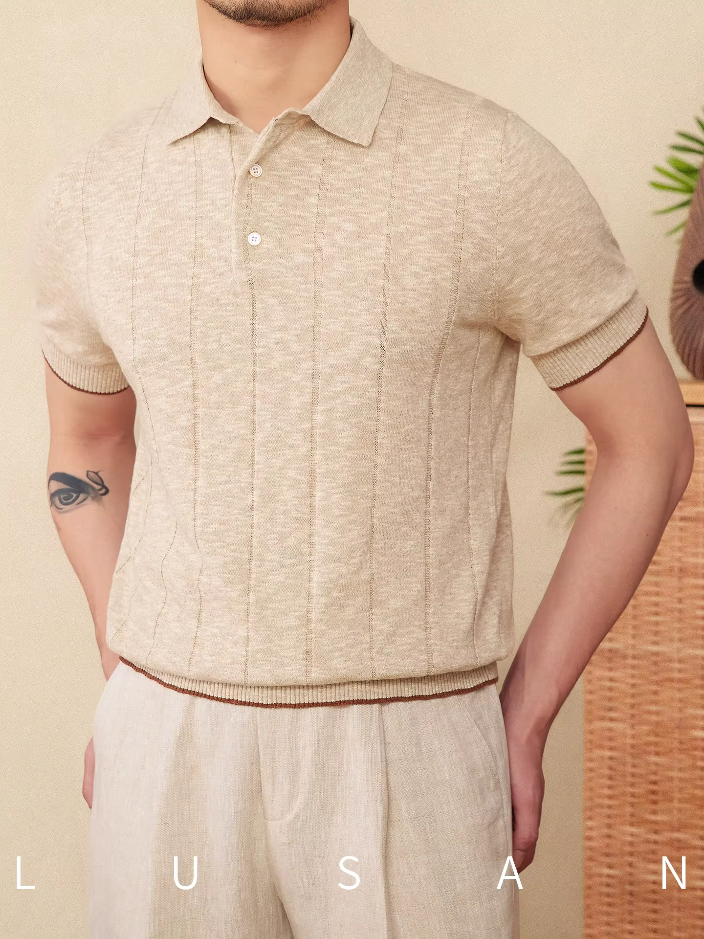 Polo tricoté en lin et coton mélangé pour hommes