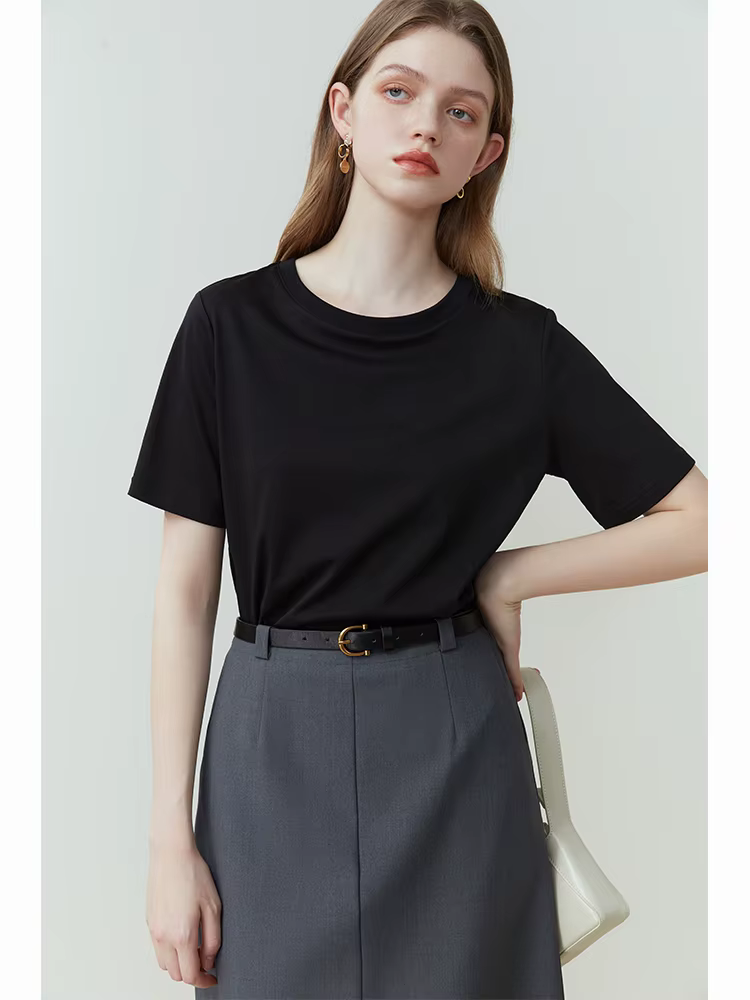 FSLE 100% coton T-Shirt à manches courtes femmes printemps été nouveau col rond droit blanc noir haut