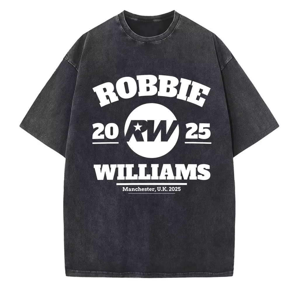 Robbie-Williams Tour 2025 T-shirt délavé Vintage col rond homme femme haut cadeau