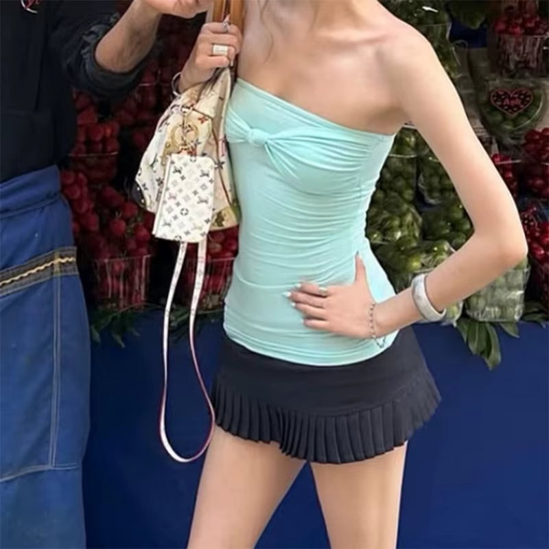 Débardeur Femme Y2K Sexy Coquette, Couleur Unie, Coupe Ajustée, Sans Bretelles, Froncé avec Nœud sur le Devant, Extensible, Décontracté, pour l'Été, la Plage et les Vacances
