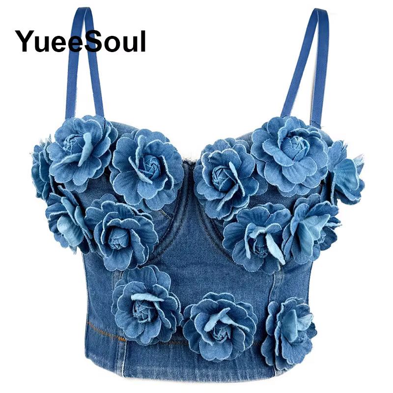 Tops courts en denim avec glands perlés