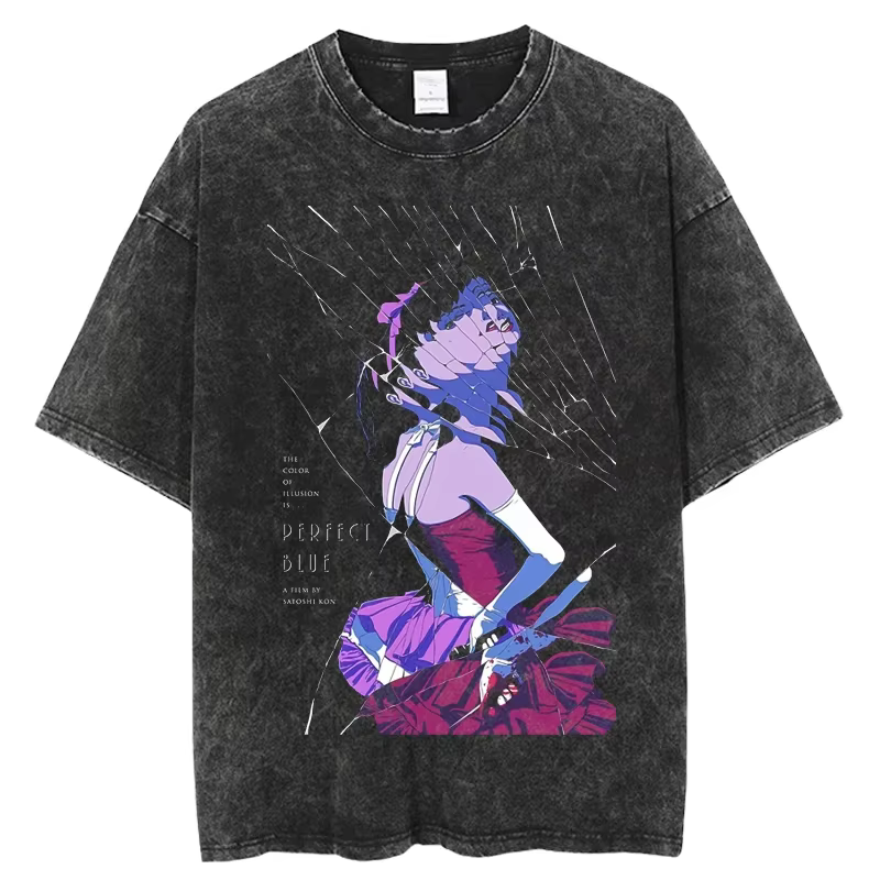 Anime japonais parfait bleu T-shirt hommes femmes vêtements Vintage lavé surdimensionné
