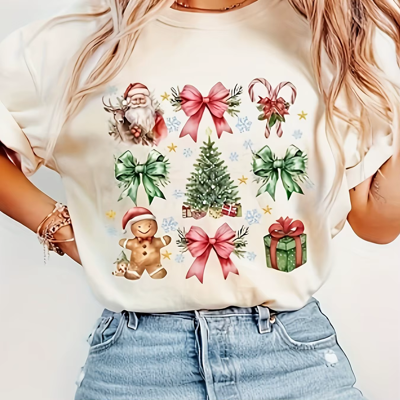 T-shirt à col rond imprimé joyeux Noël pour femmes