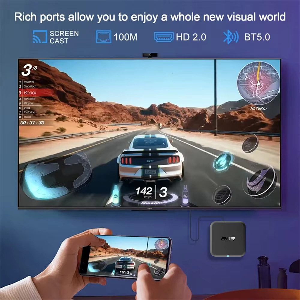 Boîtier TV Android 14 R69-1 Double Wi-Fi 2.4G/5G BT5.0 Lecteur Multimédia 4K UHD HDR 2 Go RAM 16 Go ROM Décodeur Intelligent Divertissement à Domicile