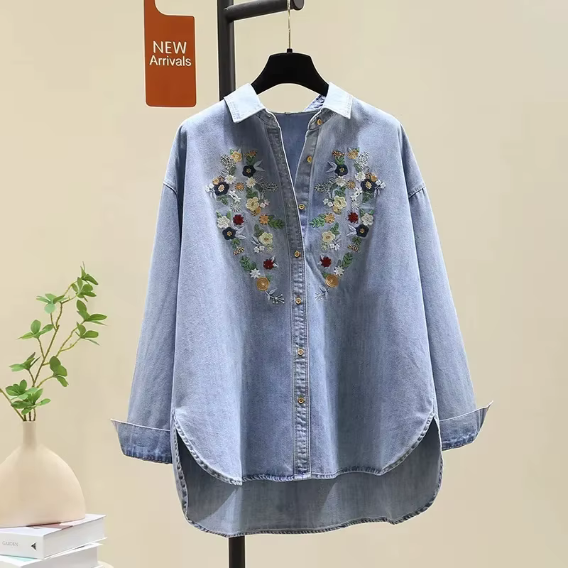 Chemisier en Denim pour femmes, polyvalent, de haute qualité, hauts brodés, décontractés et élégants, chemise de Cowboy, printemps-automne, 2025