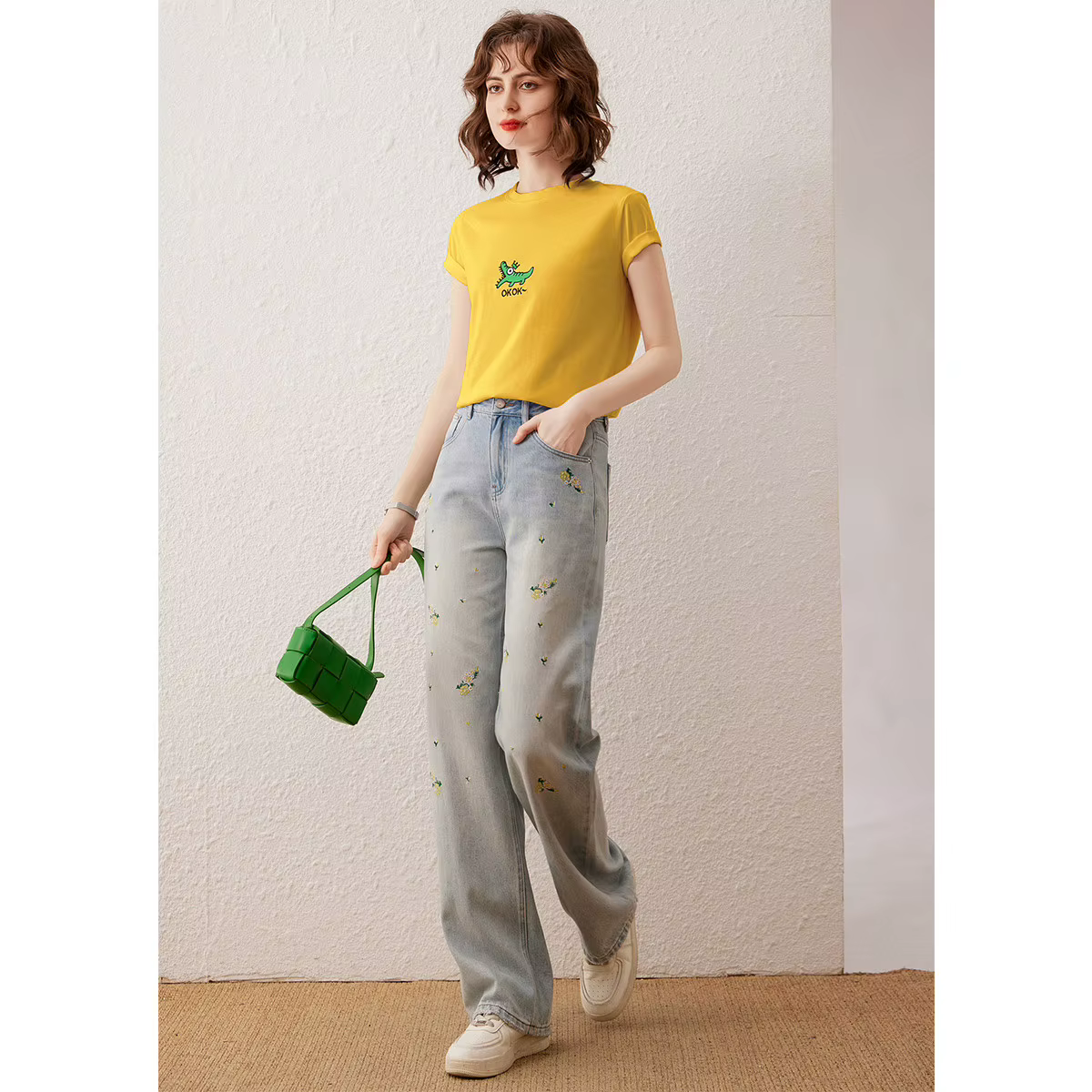 Modiis Yao-T-shirt brodé crocodile pour femme, col rond basique, pull à manches courtes, haut décontracté, t-shirt à la mode, été 2024