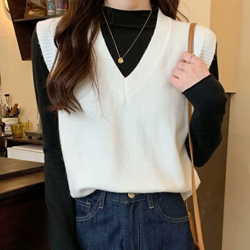 Tricoté femmes pull gilet nouveau sans manches col en v noir tricot