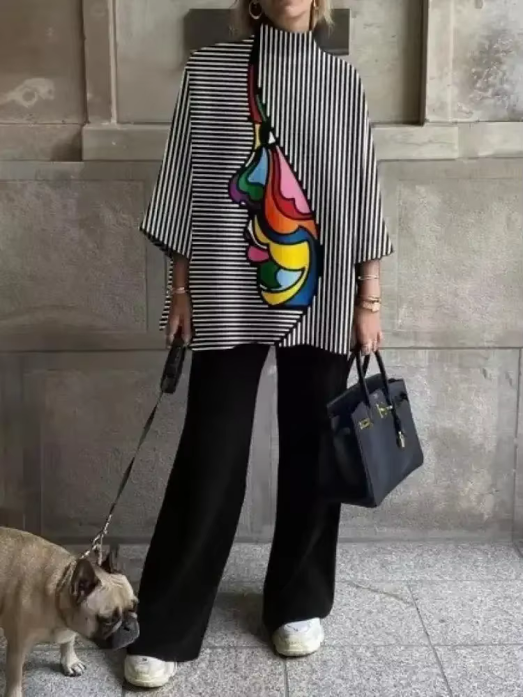 Yeezzi femme mode rayé Figure imprimé col montant T-Shirts 2025 nouveau printemps été ample trois-quarts manches hauts décontractés