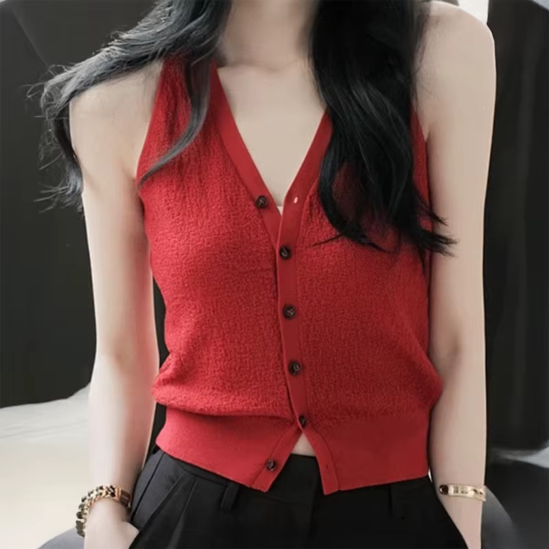 Pull gilet pour femmes doux tricoté bouton avant col en v sans manches Blouse femme décontracté français Chic tenue à la mode