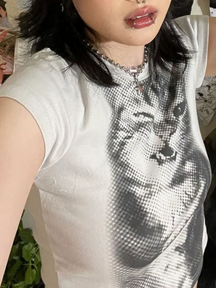 Harajuku Animal imprimé haut court basique blanc à manches courtes col rond T-shirt femmes décontracté mince t-shirts dame y2k Vintage