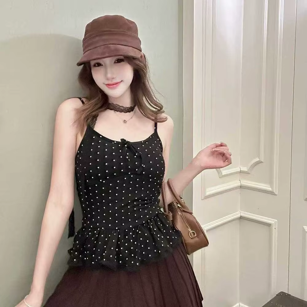 Nouveau débardeur camisole à pois avec nœud et dentelle, coupe ajustée, sexy, col en V, avec ruban