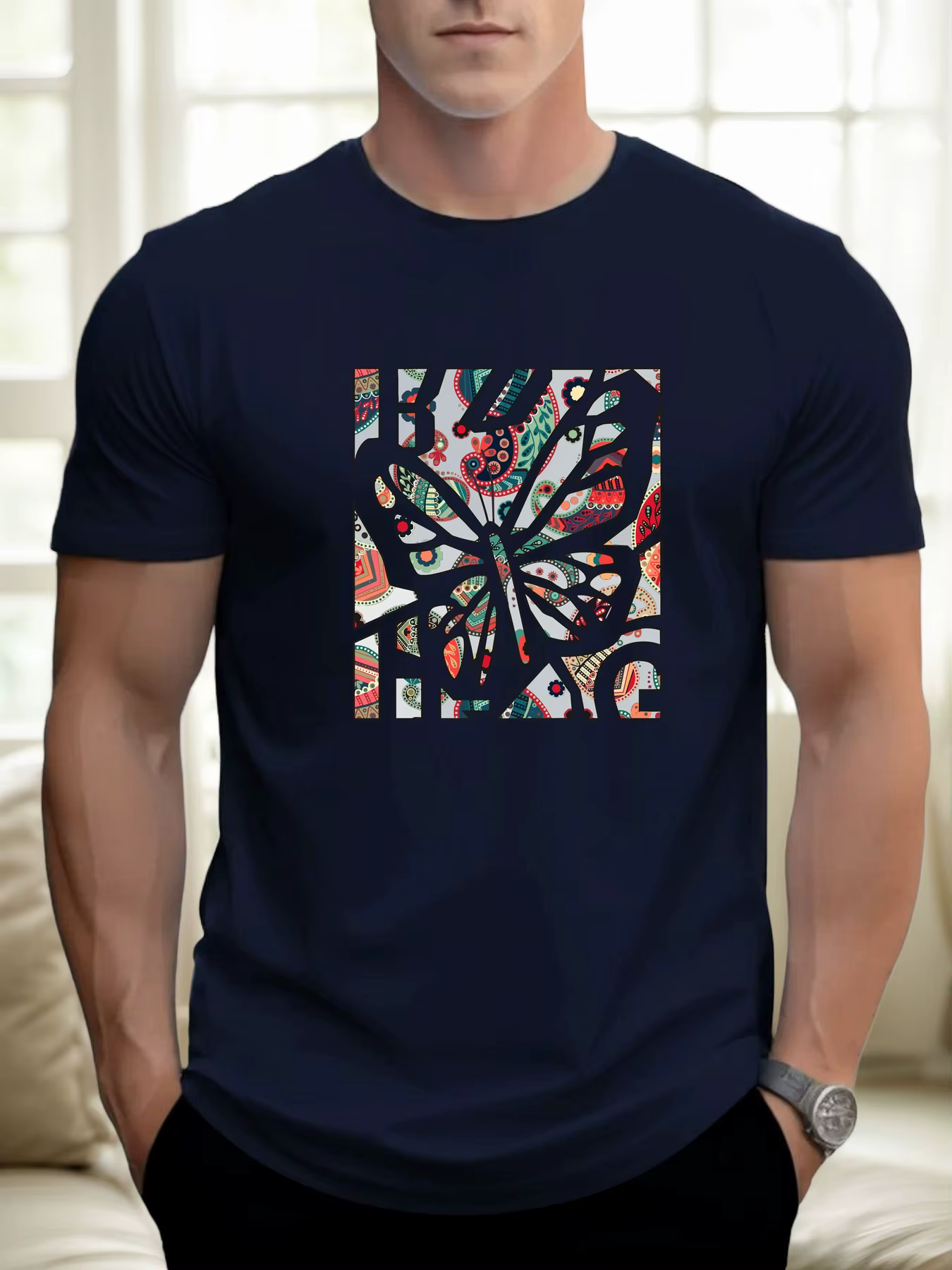 T-shirt pour hommes papillon 100 % coton impression graphique été