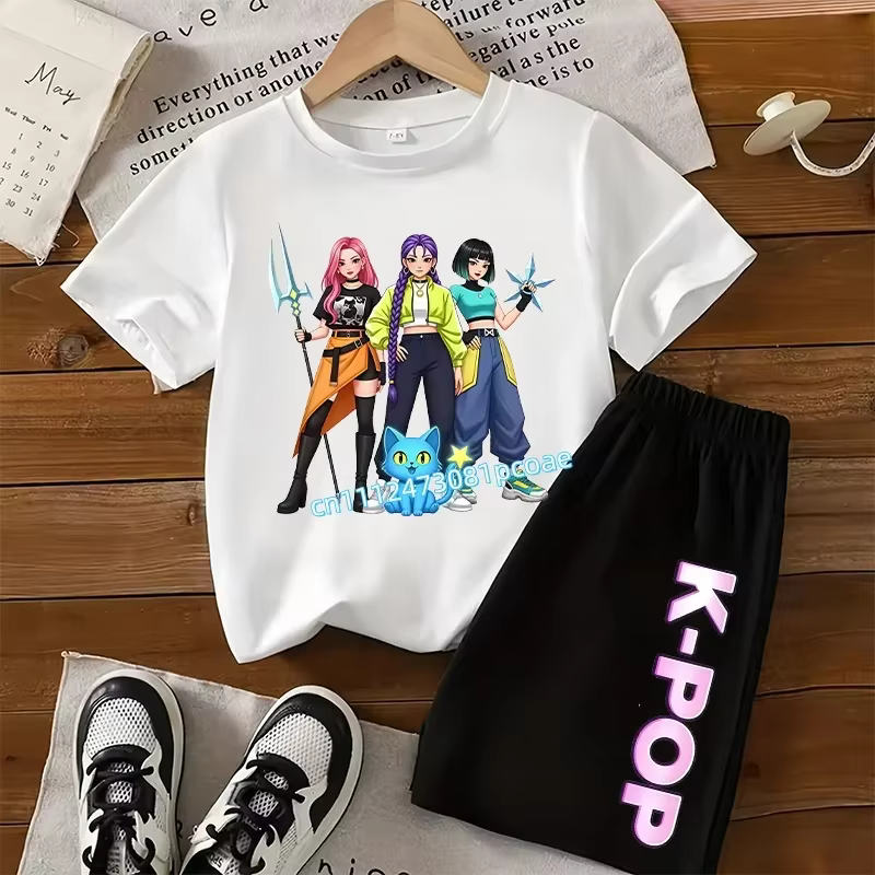 Ensemble en coton à manches courtes pour enfants K-POP - T-shirt de sport pour filles avec imprimé de dessin animé, haut décontracté, t-shirt d'été, ensemble 2 pièces
