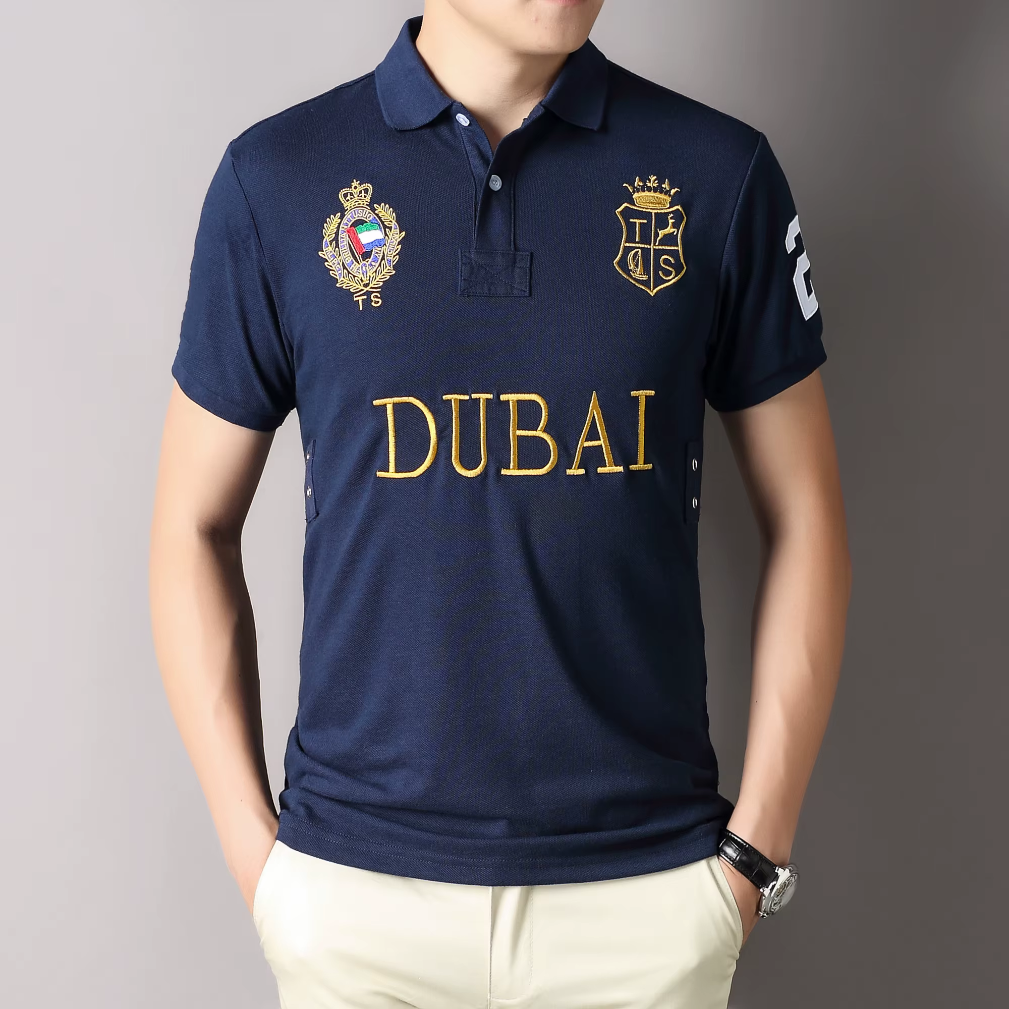 Polo homme EAU Dubaï court Royal décontracté sport fête haut de gamme coton broderie luxe contraste couleur design original