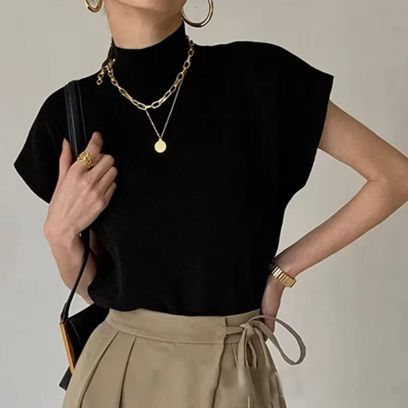 Nouveau pull chemise été solide col montant décontracté tricoté gilet à manches courtes bureau dame ample élégant droit 20397