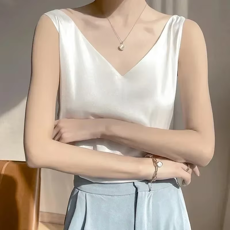 Débardeurs pour femmes sans manches col en V Satin soie Camisole mode été solide gilet ample dames hauts Streetwear
