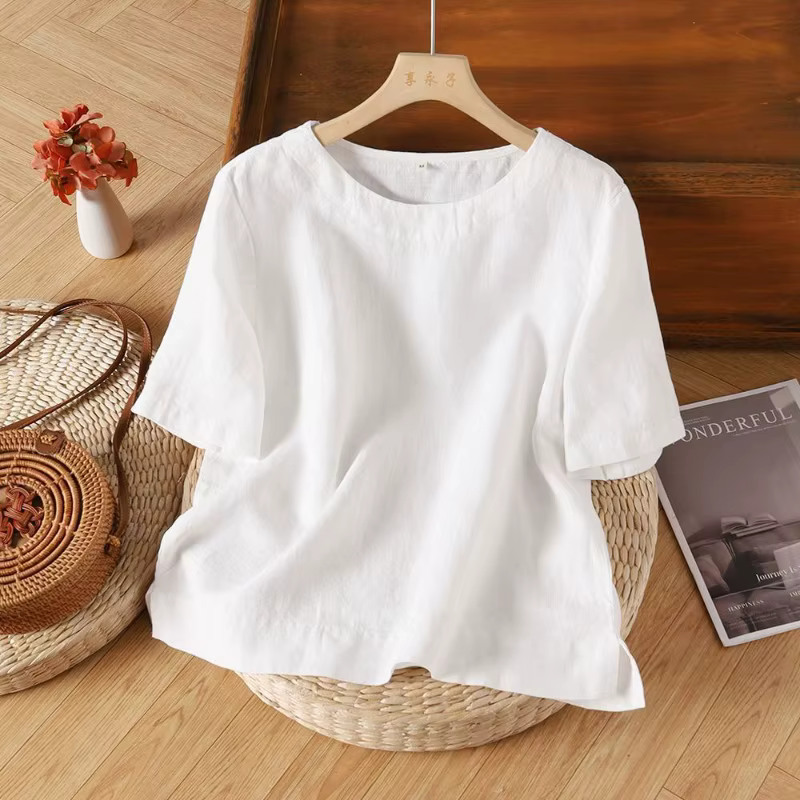 T-shirt à manches courtes en mélange de lin pour femme