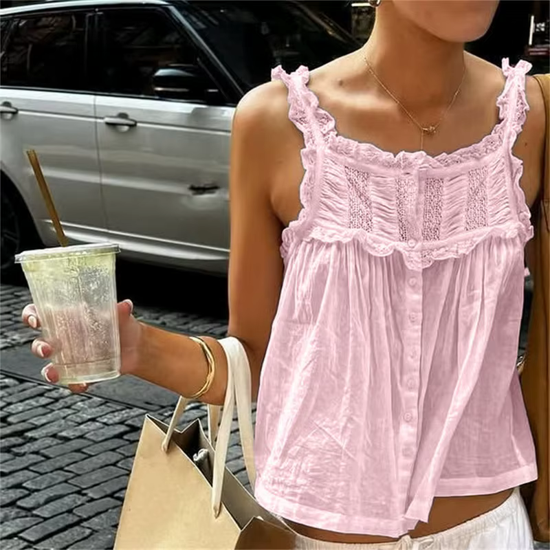 Mignon sortie haut court Boho gilet femmes Y2k dentelle à volants garniture débardeur Fairycore Sexy pure bouton avant encolure dégagée Camisole